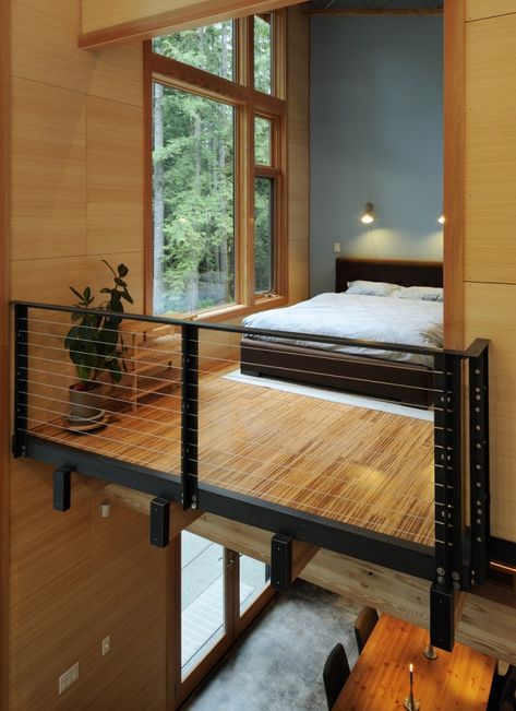 I love this modern loft bedroom. I love all the wood, the beautiful windows and the modern railing that allows you to look down into the rest of the house. A beautiful retreat.....V Loft Bedrooms, Cozy Loft, Decor Ikea, Property Design, Loft Living, Loft Design, Design Del Prodotto, Bedroom Loft, Dream Bedroom