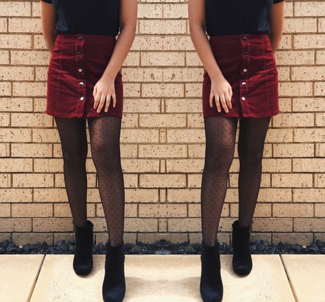 Maroon skirt with dotted tights and ankle Red Skirt With Black Tights Outfit, Maroon Velvet Skirt Outfit, Maroon Corduroy Skirt Outfit, Maroon Skirt Outfit Winter, Wine Skirt Outfit, Overall Dress Outfit Winter, Maroon Skirt Outfit, Maroon Leather Skirt, Maroon Dress Outfit