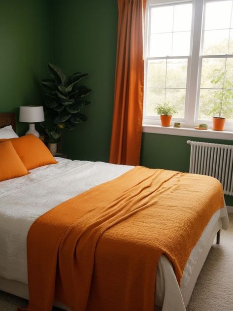 Green Bedroom With Orange Accents, Emerald Green And Burnt Orange Bedroom Ideas, Green Bedroom Orange Accents, Green Walls Orange Curtains, Bedroom Orange Green, Olive Green And Orange Bedroom, Orange And Green Walls, Sage Green And Burnt Orange Bedroom Ideas, Emerald Green And Orange Bedroom