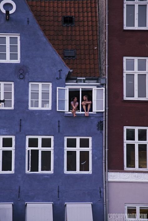 Looking Out The Window, Two People, The Window, Copenhagen, Denmark, Apartment, Building, Blue