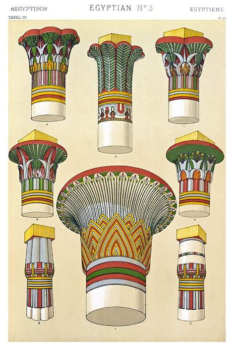 Egyptian Capitals – Old Book Illustrations Egyptian Ornamented, Grammar Of Ornament, Architecture Antique, Egiptul Antic, Egyptian Temple, Egyptian Design, Owen Jones, Graphic Design Books, Egypt Art