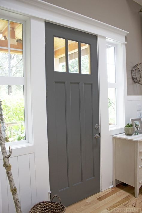 Front Door Interior Color, Gray Front Door Colors, Dark Front Door, Grey Front Door, Grey Front Doors, Kendall Charcoal, Front Door Interior, Front Door Paint Colors, Door Colors