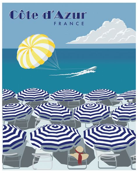 Vintage style travel poster inspired by the beaches of the French Riviera is full of summer vibes. Cote D’azur Poster, Nice France Poster, France Travel Poster, Nice French Riviera, French Riviera Illustration, French Poster Design, Vintage Beach Illustration, French Posters Vintage, French Riviera Party