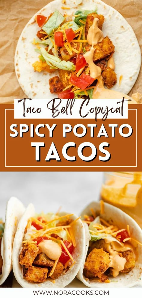 Spicy Potato Tacos, Vegan Chipotle Sauce, Taco Bell Potatoes, Vegan Taco Bell, Taco Bell Copycat, Potato Sauce, Copycat Taco Bell, Crispy Baked Potatoes, Taco Bell Recipes