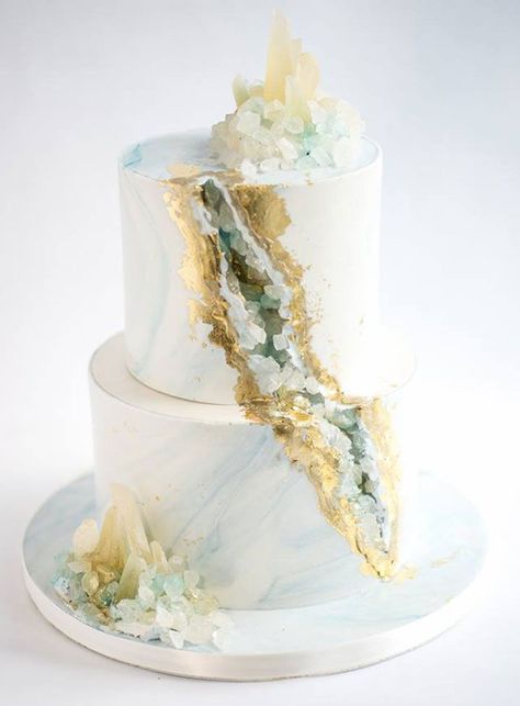 Sugar Realm's Geode Wedding Cake with Handcrafted Sugar Crystals ~ Elegant two tier wedding cake featuring edible gold leaf, marbled chocolate panels and handcrafted sugar crystals. Spiritual Party, Geode Wedding Cake, Geode Cakes, Marbled Chocolate, Geode Cake Wedding, Geode Wedding, Martin Thornburg, Geode Cake, Rhubarb Cake