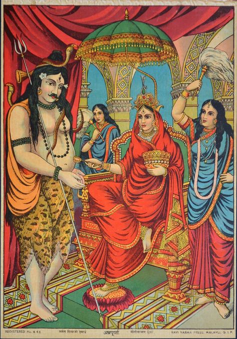 How To Worship Goddess Annapurna At Home- 5 Things To Remember Annapurna Devi, Ravivarma Paintings, Art Forms Of India, Ravi Varma, Raja Ravi Varma, Mughal Paintings, Hindu Dharma, Om Namah Shivaya, Mythology Art