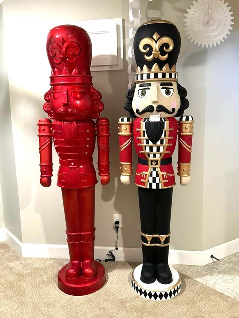 DIY Tall Nutcracker Before/After Painting. White blank Nutcracker DIY craft. Repainting Nutcracker idea. Walmart nutcracker. Repainting christmas decor. Large Nutcracker. Front door decor. Outdoor Christmas. Red and Black Christmas. Checkerd nutcracker. NASCAR Christmas. Porch Nutcracker, Christmas Red And Black, Nutcracker Diy, Large Nutcracker, Nutcrackers Display, Red And Black Christmas, Decor Natal, Floral Christmas Tree, Nutcracker Figures