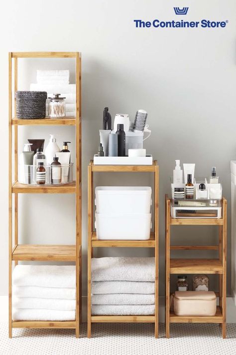 Get organized in an instant! Shop our shelving category and find great solutions for less than $100 at The Container Store. Bamboo Shelf Bathroom, Bathroom Floor Shelves, Bathroom Free Standing Shelves, Bamboo Bathroom Shelf, Bathroom Open Shelving Storage, Iron Bookshelves, Bamboo Bathroom Ideas, Bathroom Standing Shelf, Bathroom Shelving Ideas