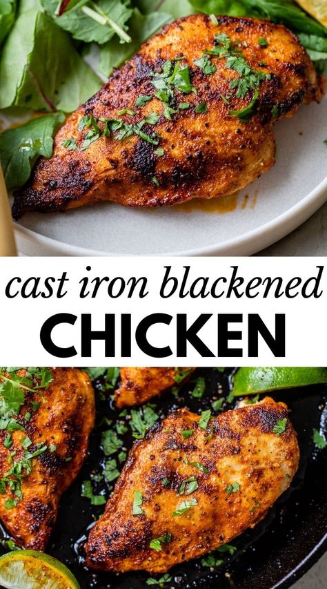 This easy Blackened Chicken recipe is made in a cast iron skillet and is incredibly flavorful. Made with a Mexican marinade similar to a dry rub, the chicken is cooked completely in the skillet in under 15 minutes! Cast Iron Skillet Recipes Chicken, Chicken Cast Iron Skillet, Easy Blackened Chicken, Cast Iron Chicken Recipes, Mexican Marinade, Blackened Chicken Recipe, Chicken Breast Marinade, Chicken Thigh Marinade, Chicken Recipe Easy