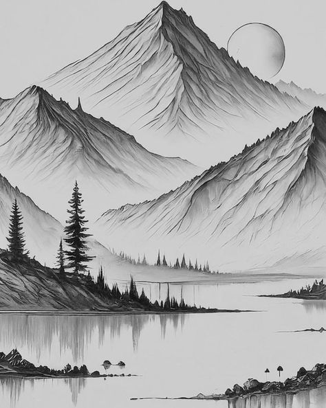 A tranquil black and white illustration of a majestic mountain, reflecting in a serene lake. Massive pine trees stand tall against the backdrop of the towering peak, creating a peaceful and minimalist landscape. Korean Landscape Drawing, Drawing Hills Landscape, Black And White Abstract Landscape Art, Sketches Of Landscapes, Black And White Mountain Drawing, Majestic Mountains, Mountain Drawing Watercolor, Nature Ink Drawing, Ocean Drawing Black And White