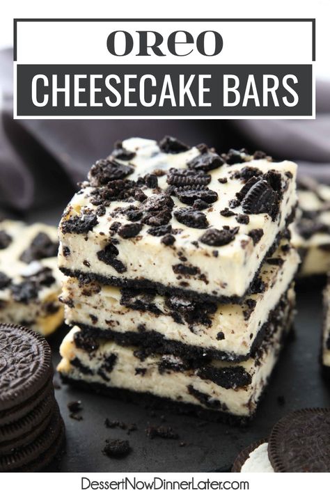 Cheesecake Cookies And Cream, Pie, Oreo Cheesecake Bar, Oreo Cheesecake Bars Easy, Oreo Cookie Cheesecake Cups, Birthday Cake Cheesecake Bars, Oreo Cream Cheese Recipes, Oreo Cheesecake 9x13 Pan, Oreo Chocolate Chip Cheesecake Bars