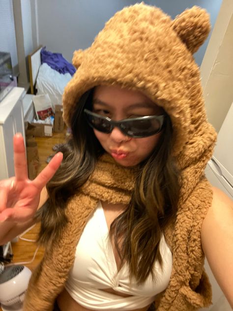 Jennie inspired rave fit #rave #raveoutfits #blackpink #kpop #edm Bear Rave Outfit, Bear Ear Beanie, Rave Fit, Ear Beanie, Kawaii Bear, Fluffy Knit, Bear Ears, Hat Scarf, Rave Outfits