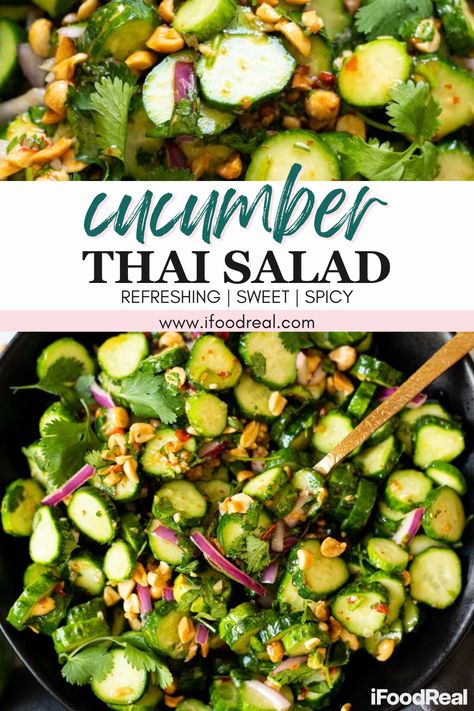 This Cucumber Thai Salad is sweet and spicy with an incredibly fresh crunch! It’s refreshing, delicious, and only takes 10 minutes to make. It’s a simple combination, with cucumber, red onion, peanuts, cilantro, and a homemade vinaigrette that will make your mouth water! It’s truly the perfect salad for summer! Cucumber Thai Salad, Chili Cucumber Salad, Thai Cucumber Tomato Salad, Thai Chili Cucumber Salad, Thai Salad Dressing, Thai Cucumber Carrot Salad, Thai Cucumber Salad Recipe, Thai Cucumber, Thai Cucumber Salad