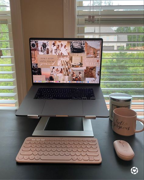 Pink Work Station, Desktop Set Up Aesthetic, Laptop Work From Home Aesthetic, Office Aesthetic Woman Desk, Work From Home Job Aesthetic, Pink Desk Set Up, Laptop Set Up, Manifesting List, Office With Laptop