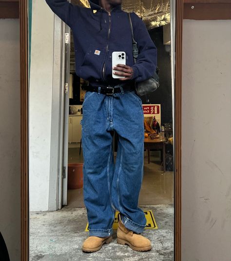 How To Style Dark Denim Jeans, Blue Carhartt Pants Outfit, Blue Collar Worker Outfit Men, Navy Carhartt Jacket Outfit, Carhartt Jean Jacket, Streetwear Denim Jacket, Blue Carpenter Pants Outfit, Blue Carhartt Jacket Outfit, Worker Outfit Men