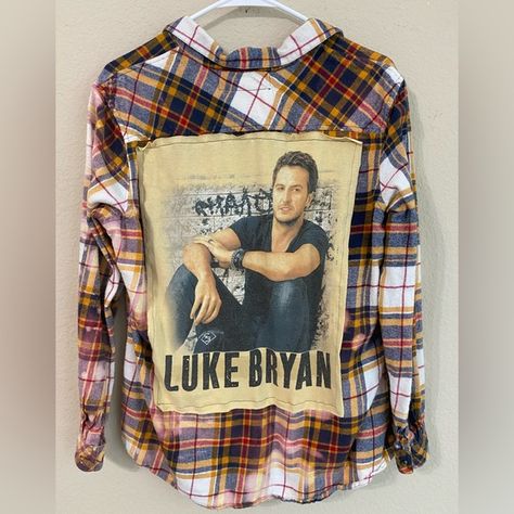 Vintage Avenue Upcycled Bleach Dyed One Of A Kind Long Sleeve Button Down Flannel Shirt With Luke Bryan Graphic On Back. Size Xl. New With Tags. Upcycled Flannel Rare One Of A Kind Country Music Shirt Band T-Shirt Luke Bryan Concert Luke Bryan Fan Luke Bryan Shirts, Flannel Shirt Refashion, Luke Bryan Fan, Luke Bryan Concert, Country Music Shirt, American Eagle Shirt, Country Music Shirts, Vintage Flannel, Eagle Shirts