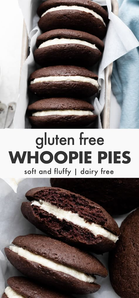 Gluten Free Whoopie Pies Gluten Free Dairy Free Whoopie Pies, Gluten Free Woopy Pies, Gluten Free Whoopie Pie Recipe, Gluten Free Moon Pies, Gluten Free Torte, Fun Gluten Free Desserts, Gluten Free Dairy Free Baked Goods, Whoopie Pies Gluten Free, Gluten Free Whoopie Pies