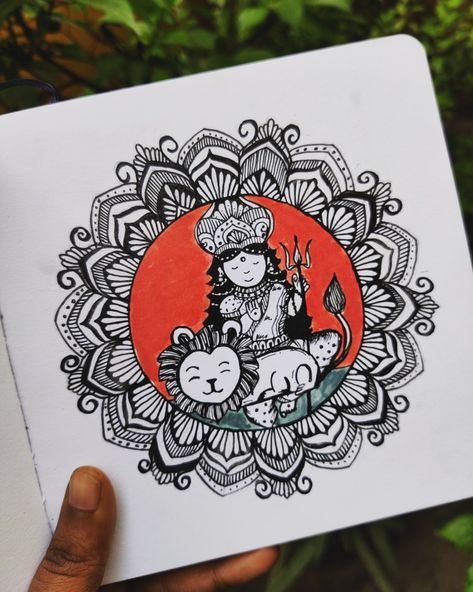 Doodle of Durga goddess with Mandala Art Durga Doodle Art, Durga Mandala Art, Gel Pen Art, Easy Mandala Drawing, Easy Mandala, Mandala Art Therapy, Simple Mandala, Goddess Durga, Cool Pencil Drawings