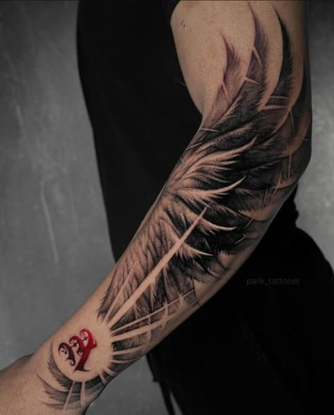 wing tattoo Wings Tattoo Men Forearm, Wing Tattoo On Shoulder, Forearm Wing Tattoo, Tattoo Men Forearm, Eagle Wing Tattoos, Wing Tattoo Men, Tattoo On Shoulder, Cool Forearm Tattoos, Wing Tattoo