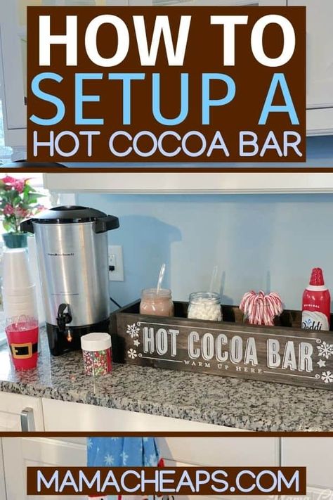 How to Make a DIY Hot Chocolate Bar - Mama Cheaps® Church Hot Chocolate Bar, Hot Cocoa And Cider Bar, Hot Chocolate Bar Set Up Ideas, Hot Cocoa For A Large Crowd, Hot Cocoa Bar For Large Group, Hot Chocolate Bar At Home, Ideas For Hot Chocolate Bar, Hot Chocolate For A Crowd Easy, Hot Chocolate Recipes For A Crowd