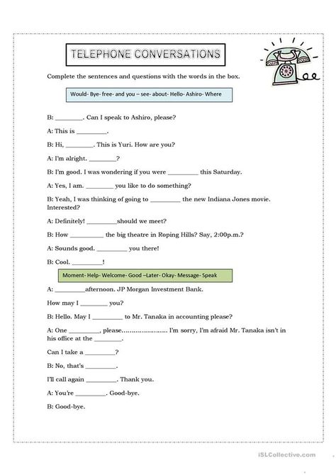 Telephone conversations worksheet - Free ESL printable worksheets made by teachers Esl Worksheets For Beginners, English Conversation For Kids, Speaking Activities English, Learn English For Free, English Conversation, Learning English For Kids, Conversational English, Speaking Activities, English Worksheets For Kids