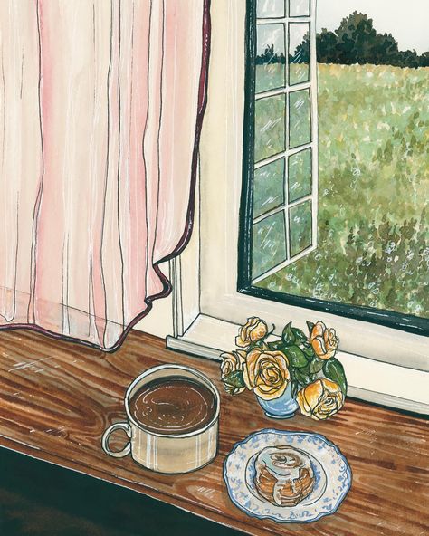 a closer look at Morning Air from our Slow Mornings Only collection 💛 coffee, a pastry, and a fresh morning breeze make the for the perfect wake up Billowing Curtains, Curtain Illustration, Countryside Illustration, Window Watercolor, An Open Window, Air Art, Doodle Bug, Window Drawing, Cozy Life