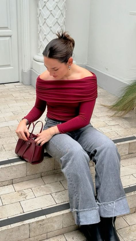 Red Top Formal Outfit, Burgundy Top Outfit, Day Brunch Outfit, Red Top Outfit, Formal Winter Outfits, Off The Shoulder Top Outfit, Winter Birthday Outfit, Modest Girly Outfits, Ny Outfits