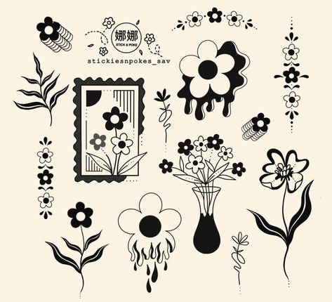 Groovy Flash Tattoo, 1960s Tattoo Ideas, Retro Flash Tattoo, Folk Art Tattoo Flash, Queer Doodles, 1970s Tattoos, Groovy Flower Tattoo, Tiny Filler Tattoos, Simple Blackwork Tattoo