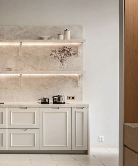 Marble Backsplash With Shelf, Kitchen With Marble Backsplash, Backsplash With Shelf, Marble Kitchen Counter, Kitchen With Marble, Modern Minimalist Kitchen, Condo Kitchen, The World Of Interiors, Laundry Room Inspiration