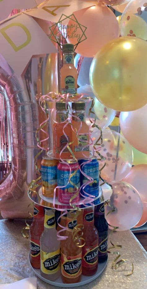 Liquor Tower Cake, Birthday Gifts With Alcohol, 21st Birthday Drink Tower, Drink Tower Birthday, Drink Cake Tower, Booze Cake Tower, 21 Alcohol Cake Tower, Alcohol Tower 21st Birthday, Liquor Tower