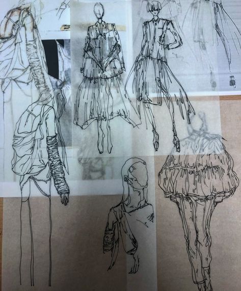 Fashion illustrations on tracing paper Fashion Sketchbook Inspiration, Fashion Portfolio Layout, Sketchbook Layout, Textiles Sketchbook, A Level Textiles, Fashion Dream Job, Fashion Illustration Collage, Fashion Design Sketchbook, Fashion Design Portfolio