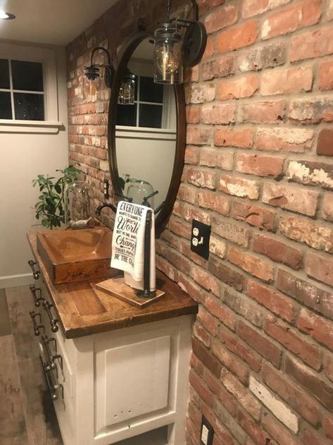 Bathroom Brick Accent Wall, Reclaimed Brick Veneer, Brick Accent Interior, Brick Veneer Wall Kitchen, Brick Veneer Wall Living Room, Brick Paneling In Bathroom, Faux Brick Wall In Bathroom, Faux Brick Backsplash Bathroom, Tile Wall Accent Living Room