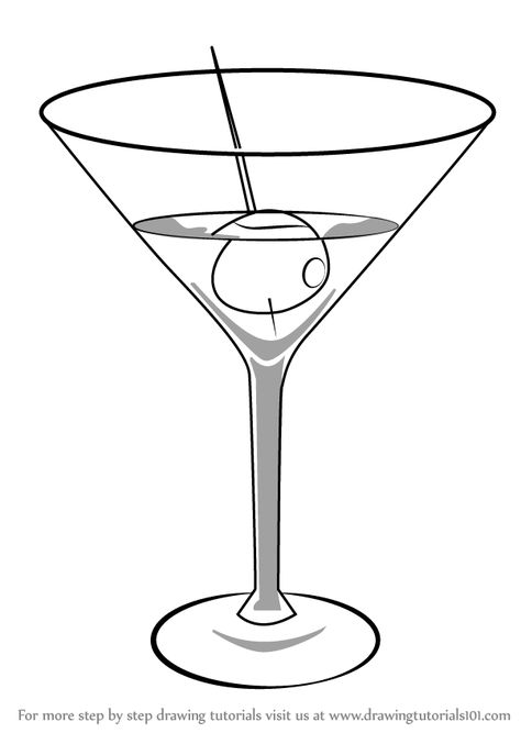 Learn How to Draw a Martini (Drinks) Step by Step : Drawing Tutorials How To Draw Cocktails Step By Step, How To Draw A Martini Glass Step By Step, Draw Cocktail, Martini Glass Drawing, Martini Drawing, Cocktails Drawing, Kitchen Paintings, Martinis Drinks, Beach Glass Crafts