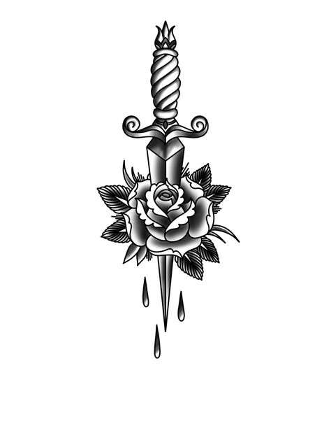 Mens Knife Tattoo, Knife Through Rose Tattoo, Dager Tattoos With Rose, Dagger Through Rose Tattoo, Dagger Tattoo For Men, Knife Rose Tattoo, Knife With Flowers Tattoo, Dagger With Flowers Tattoo, Traditional Dagger Tattoo Design