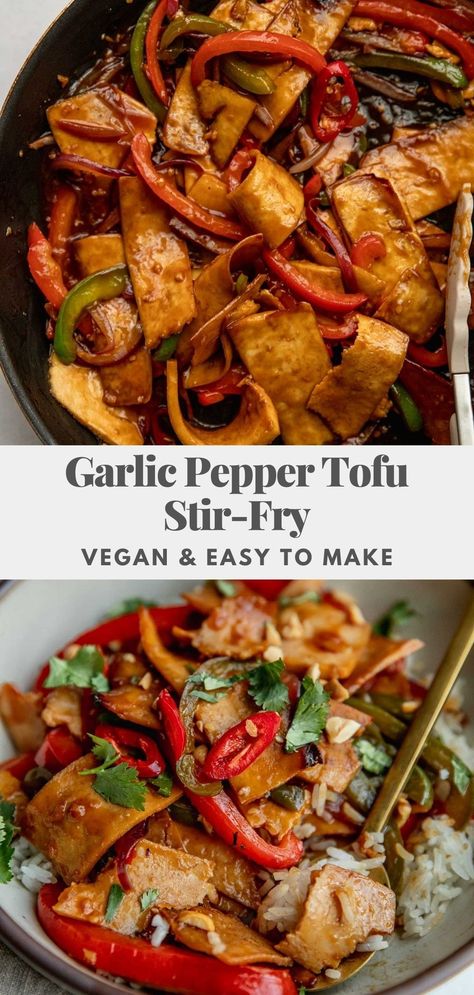 This Garlic Pepper Tofu Stir-fry combines strips of pepper and tofu together in a savory, glossy stir-fry sauce. Easy to prep and cooks in less than 30 minutes. Vegetarian Stirfry Ideas, Vegan Pepper Recipes, Recipes With Tofu, Tofu Stir Fry Recipe, Veganuary Recipes, Clean Nutrition, Pepper Tofu, Vegan Stir Fry, Fuel Food