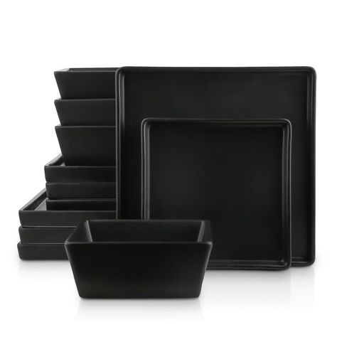 Elegant Dining, Black Dishes, Square Dinnerware Set, Stoneware Dinnerware Sets, Stoneware Dishes, Stoneware Dinnerware, Soup Bowls, Casual Dining, Dish Sets