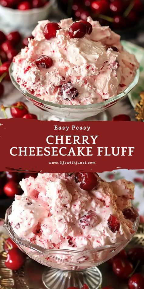 Cherry Cheesecake Fluff Pie, Cherry Jello Dessert Recipes, Cherry Cheesecake Fluff Dessert, Easy Cool Desserts For Summer, Recipes Using Cherries, Quick And Easy Summer Desserts, Cheesecake Fluff Dessert, Summer Dessert Recipes Easy, Cherry Cheesecake Fluff