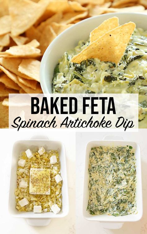 Baked Feta Spinach Artichoke Dip, Spinach Artichoke Feta Dip, Spinach Feta Dip Baked, Spinach Artichoke Side Dish, Baked Feta Dip, Warm Spinach Dip, Spinach Artichoke Dip Easy, Keto Dips, Baked Spinach Artichoke Dip