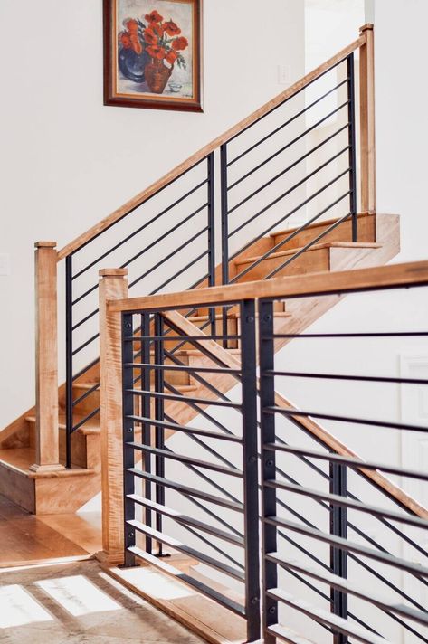 Linear Metal Panel System Highlight of Home Renovation — L.J. Smith Stair Systems Stairs By Window, Diy Modern Stair Railing, Wood And Iron Stair Railing Modern, Cabin Hallway, Modular Interior, New House Construction, Coastal Ideas, Stair Paneling, Metal Stair Railing