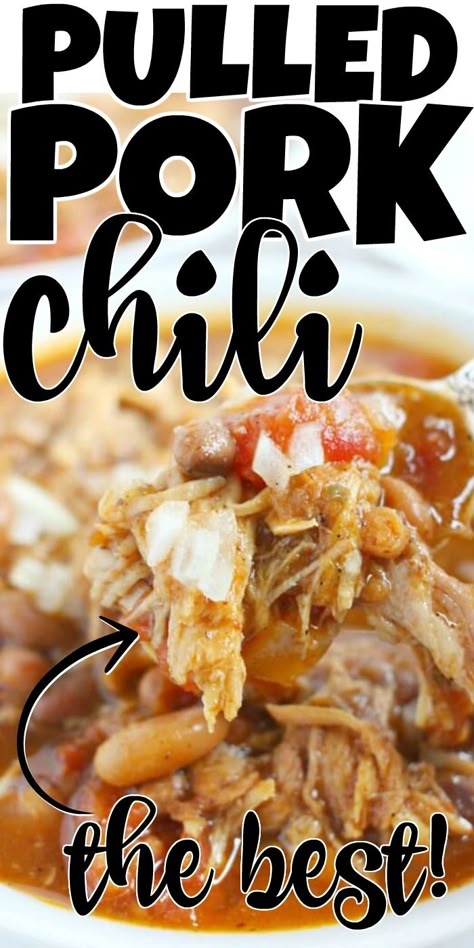 Tender pork and hearty beans in a savory sauce with just a touch of sweetness made in your slow cooker or instant pot, this pulled pork chili is so good that my 13 year old hid the last serving in the back of the fridge so he could have it to himself! Pork Chili Recipe Crockpot, Pulled Pork Uses, Pork White Bean Chili, Soup With Pulled Pork, Bbq Pork Soup, Recipes Using Leftover Pulled Pork, Recipes Using Pulled Pork, Chili With Pulled Pork, Pulled Pork White Chili