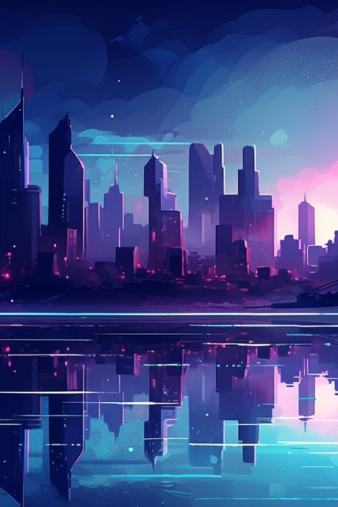 A landscape of a city skyline at night, with the lights of the buildings casting reflections on the water below. The sky is painted in shades of blue and purple, giving the picture a futuristic and sleek feel. Drawing City Backgrounds, Cityscape Digital Painting, Future City Skyline, Futuristic Cityscape Drawing, City Drawing Background, Futuristic City Skyline, Futuristic Building Drawing, City Digital Art Tutorial, How To Draw City Background