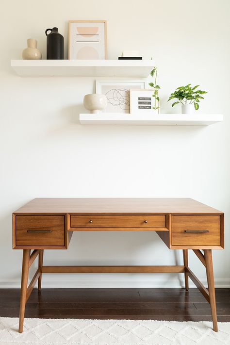 Mid Century Modern Office Desk, West Elm Desk, West Elm Mid Century, Ikea Closet Organizer, Neutral Office, Mid Century Office, Mid Century Modern Office, Mid Century Modern Desk, Modern Office Desk