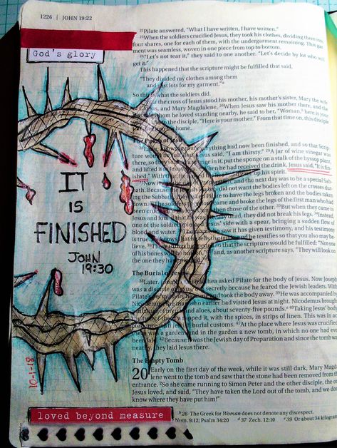 Bible Journaling - John 19:30 It is Finished Bible Journal Cover Ideas, Drawing Bible Art, Book Of John Bible Journaling, Bible Verse Drawings Ideas, Bible Journaling Drawings, Bible Illustrations Art, John 19 30, Bible Drawings, Scripture Art Journaling