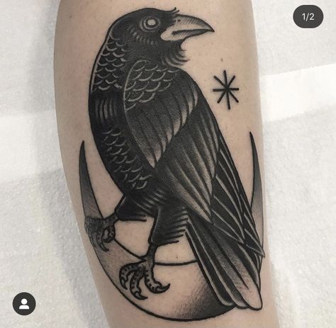 Sternum Raven Tattoo, Raven Tattoo Traditional Old School, Old School Crow Tattoo, Old School Raven Tattoo, Raven American Traditional Tattoo, Trad Crow Tattoo, American Traditional Raven Tattoo, American Traditional Crow Tattoo, Crow Tattoo Traditional