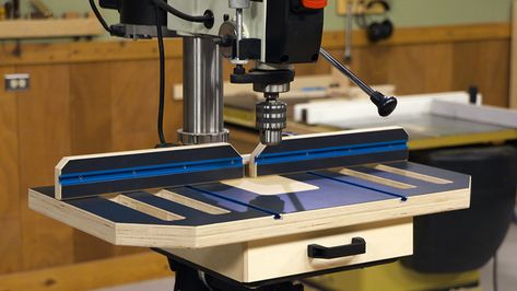 An adjustable fence, versatile clamping options, and a built-in dust collection system make this table a great upgrade. Drill Press Table Plans, Woodworking Drill Press, Drill Press Stand, Woodsmith Plans, Press Table, Woodworking Hacks, Drill Press Table, Woodworking Store, Dust Collection System