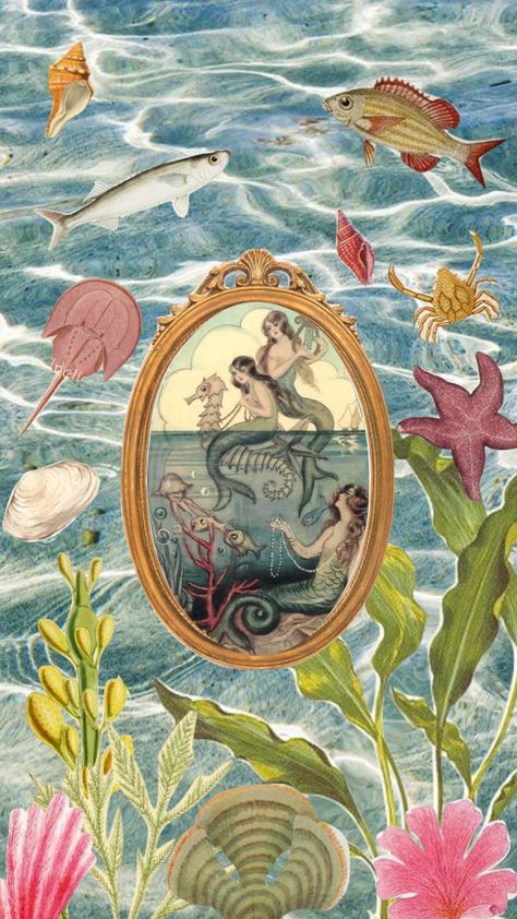 Vintage Mermaid Painting, Mermaid Screensaver, Mermaid Collage Art, Ocean Core Wallpaper, Mermaid Phone Wallpaper, Mermaid Lockscreen, Mermaid Wallpaper Aesthetic, Mermaid Core Wallpaper, Ocean Collage