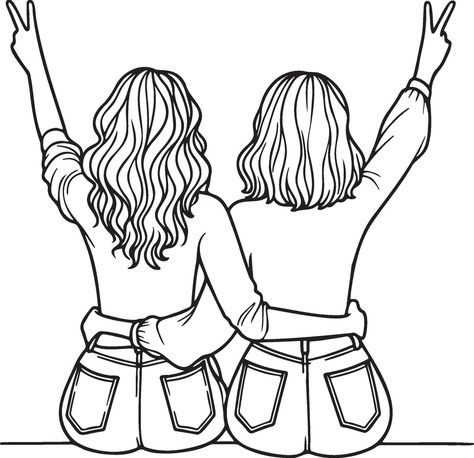 Best Friend Pictures To Draw, Two Bff Drawings, 3 Best Friends Drawing Easy, Two Best Friends Sketch, Cute Drawings For Friends, Friends Sketch Drawing, Best Friend Sketches, Drawing Outlines, Friends Sketch