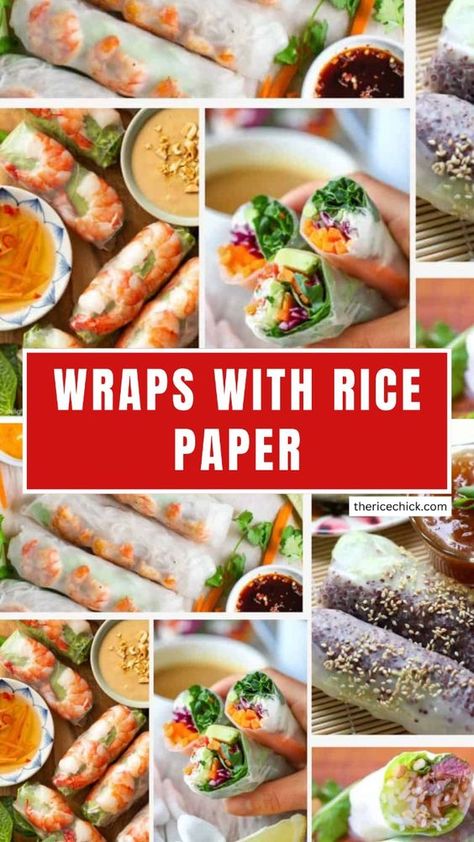 Create these versatile and easy wraps with rice paper for a light and healthy meal option! Whether you're using fresh veggies, chicken, or tofu, these rice paper wraps are perfect for summer rolls or any light meal. Discover delicious rice paper recipes that are simple, healthy, and customizable! Rice Paper Rolls With Chicken, Rice Paper Wraps Chicken, Fried Rice Paper Wraps, Spring Roll Meal Prep, Bang Bang Chicken Rice Paper Roll, Asian Wraps Rice Paper, Healthy Rice Paper Recipes, Rice Roll Wraps, Paper Rice Recipes