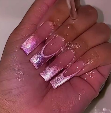 Pink And Silver Cat Eye Nails, Pink And Purple Cat Eye Nails, Pink Cat Eye French Tip Nails, Cat Eye French Tip Nails Square, Cat Eye Acrylic Nails, Cat Eye French Tip Nails, Cat Eye French Tip, Pink Cat Eye Nails, Barbie Bday