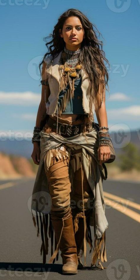 beautiful badass Native American woman hitchhiking Native American Pants, Native American Outfits Traditional, Native American Indian Women Costume Diy, Native American Outfit Women, Native American Woman, Native American Style Outfits, Native American Inspired Fashion, Native American Halloween Costume, American Indian Clothing